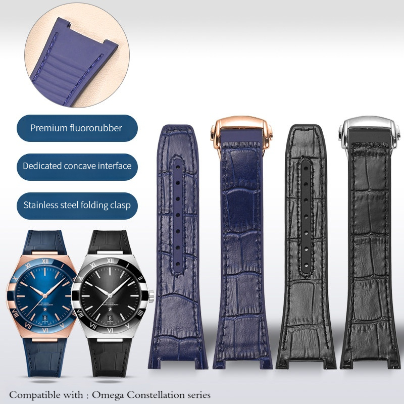 Omega Watch Constellation - オメガコンステレーションシリーズ用本牛革+FKM時計バンド凹型25x14時計ストラップカーフスキンブレスレット折りたたみ式クラスプ