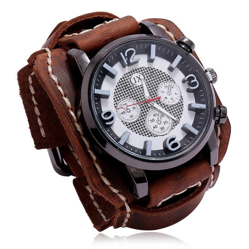 Leather Watch Band Men - 男性用本革レトロクォーツ時計,ワイド腕時計,パンクスタイル,牛革ブレスレット,新しいファッション2022
