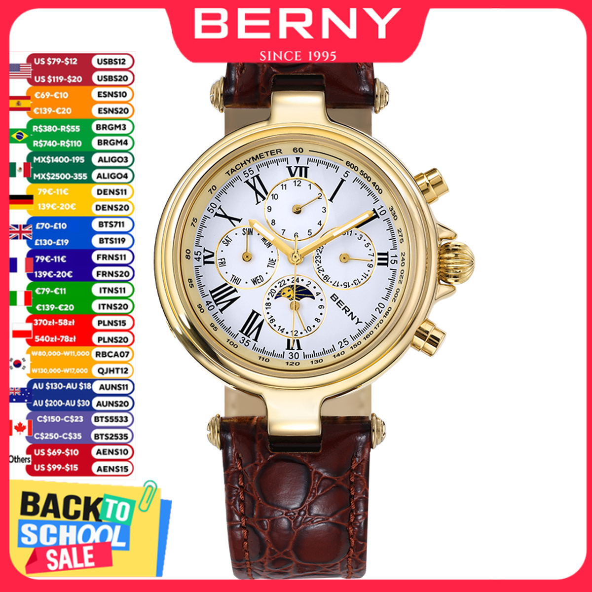 Seiko Watch Prospex - BERNY レトロ自動巻きメンズ腕時計サン&ムーンフェイズ発光 ST1652 クラシック本革高級機械式メンズドレスウォッチ