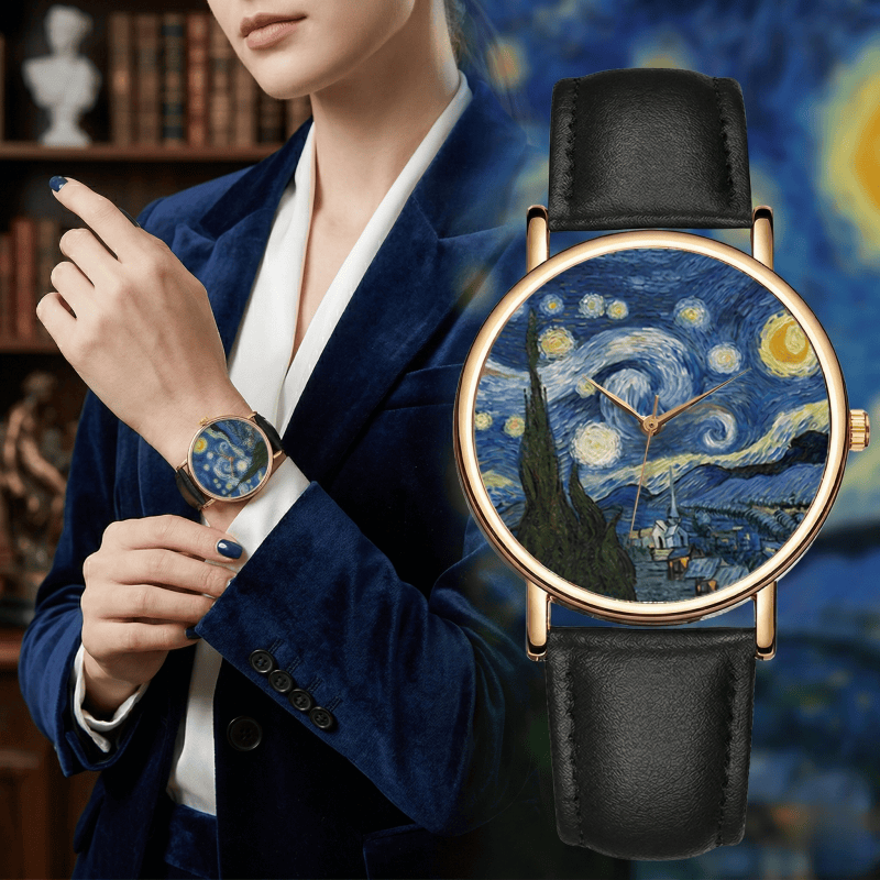 Leather Watch Band Men - ゴッホの絵画をモチーフにしたダイヤルウォッチ、男女兼用、メタルケース、レザーストラップ、クォーツ時計、アートワーク「星月夜」、女性用腕時計、ギフト