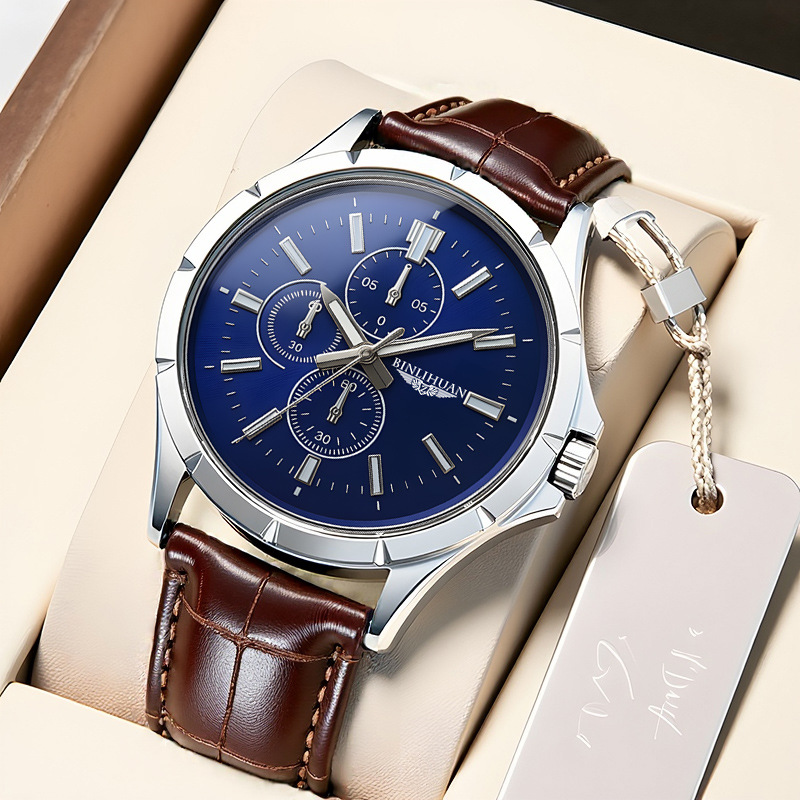 メンズ クロノグラフ クォーツ時計、ブルーダイヤル ブラウン - Leather Watch Band Men のレビューと価格