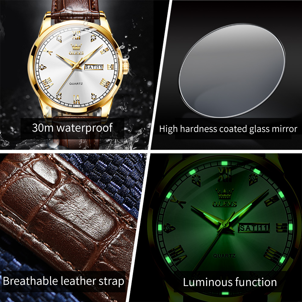 OLEVS 6896 トップブランドメンズクォーツ時計発光レ - Leather Watch Band Men のレビューと価格